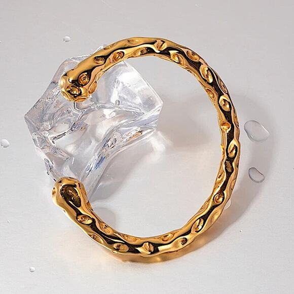 "Hammered Gold Plated Contour Bangle, Unique Stainless Steel Cuff, Trendy - Picture 6 of 12